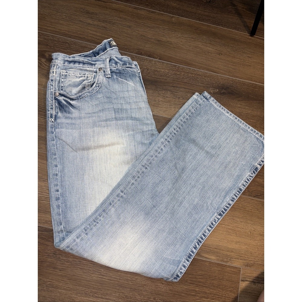 BKE Denim Tyler Straight Jeans Mens 38L Light Wash Distressed Pockets